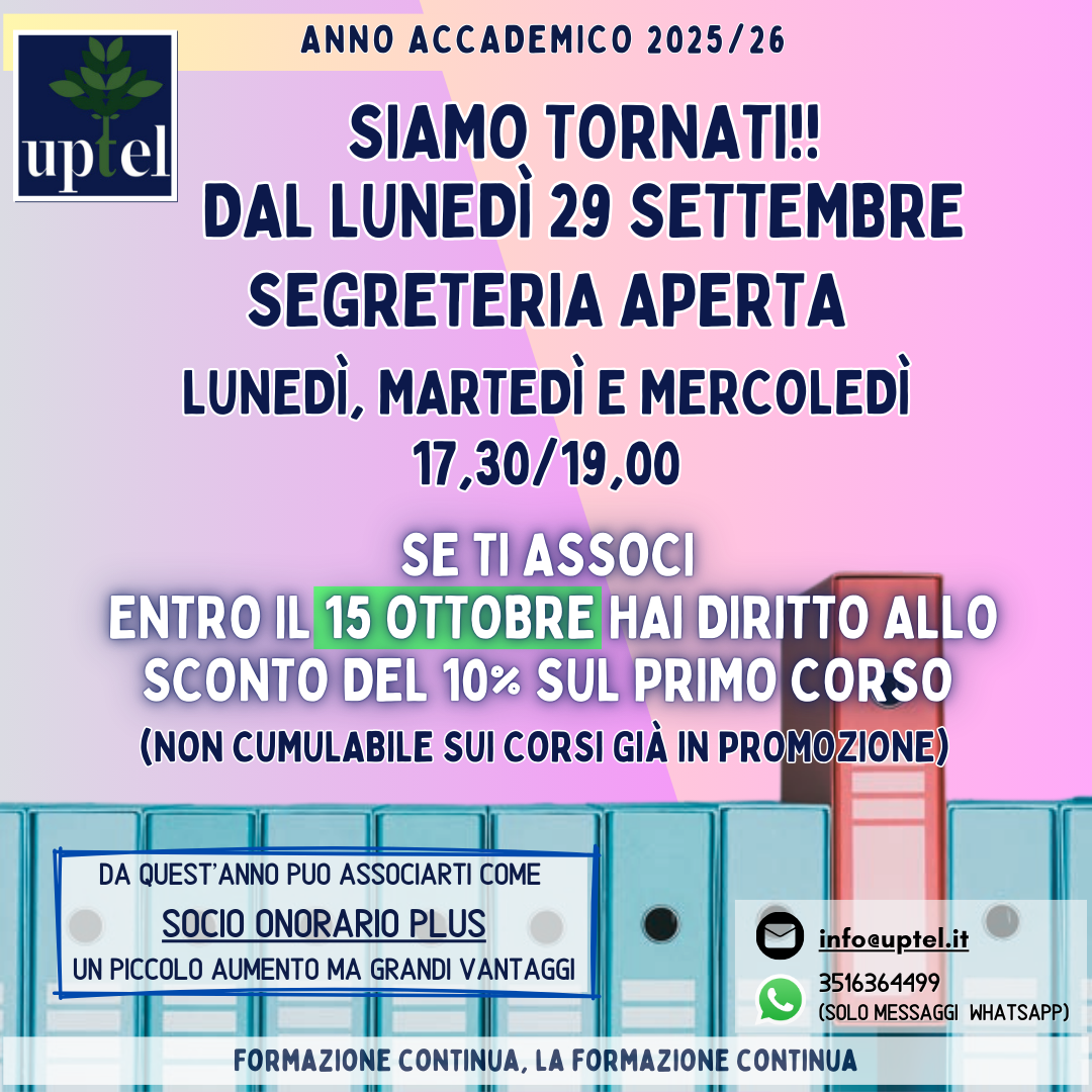 Riapertura segreteria e inizio anno accademico 25/26